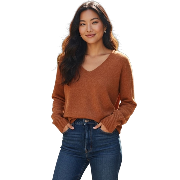 Something Navy V-Neck Sweater Women Size Small Cotton Wool Blend Rust Brown - Picture 1 of 15
